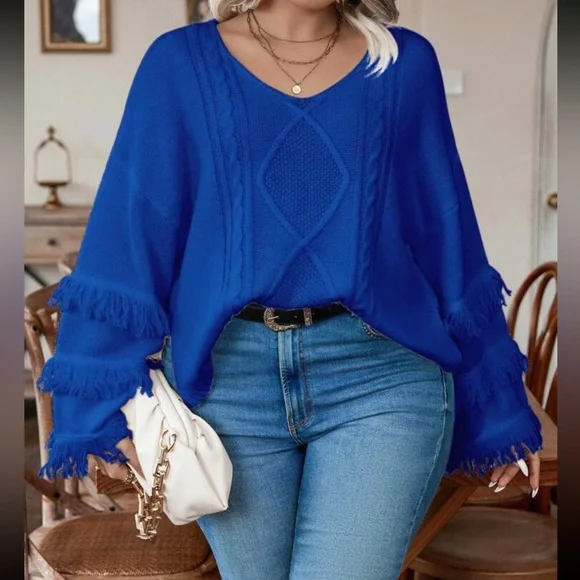 Plus size cozy fringe detail cable knit sweater top